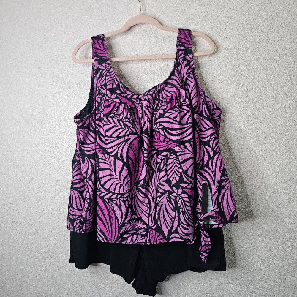 Swimsuits For All Womens Plus 24 Tankini Set Purple Black Tropical Leaf 2PC